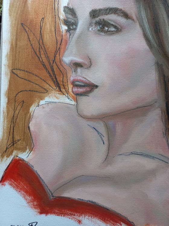 Lady in red. Woman portrait. Etude style. 38 x 27 cm/ 15 x 10.6 in