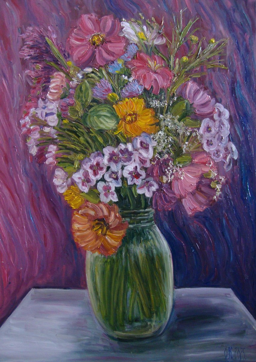 Impressionistic Botanical Oil Painting By Olga Knezevic, 20 X 28", Purple Bouquet, Original Artwork