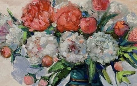 Peonies in Emerald Vase