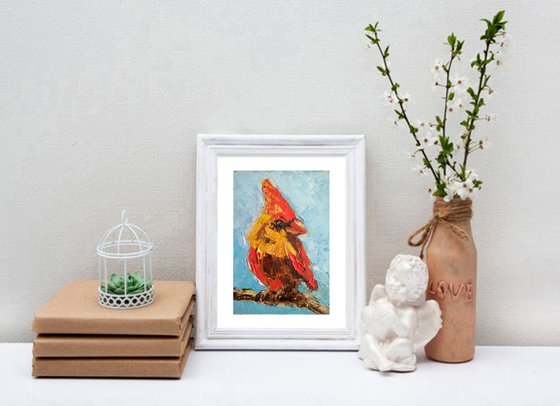 Cardinal Painting Original Art Yellow Red Bird Artwork Small Wall Art Home Decor