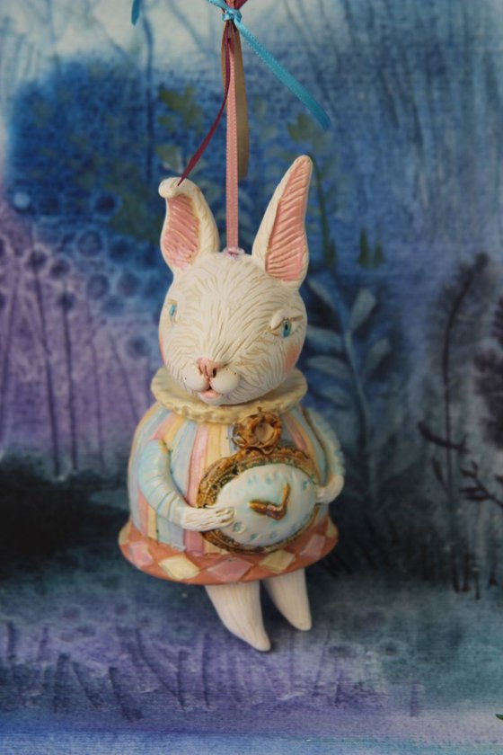 Little rabbit in harlequin dress. Hanging sculpture, bell doll by Elya Yalonetski