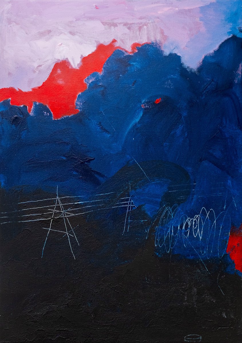 Abstract Landscape Acrylic Painting By Bohdan Svyrydov, 24 X 33, Catching A Blue Fish, Original Artwork