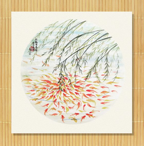 RAN ART - Chinese painting 38*38cm - KOI Fish and leaves