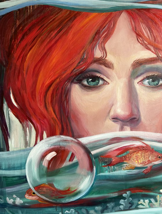 Queen of water and floating words. Red-haired woman.