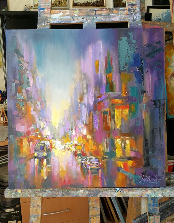 Painting Cityscape - Evening city, megapolis, evening lights, original oil art