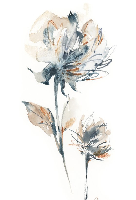 Peonies in muted blue and peach flowers watercolor painting 2 set