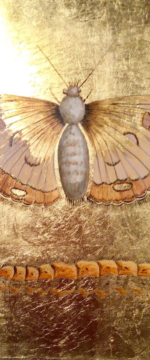 The Golden Moth Oil Painting on Lacquered Golden Leaf Canvas by Caridad I. Barragan