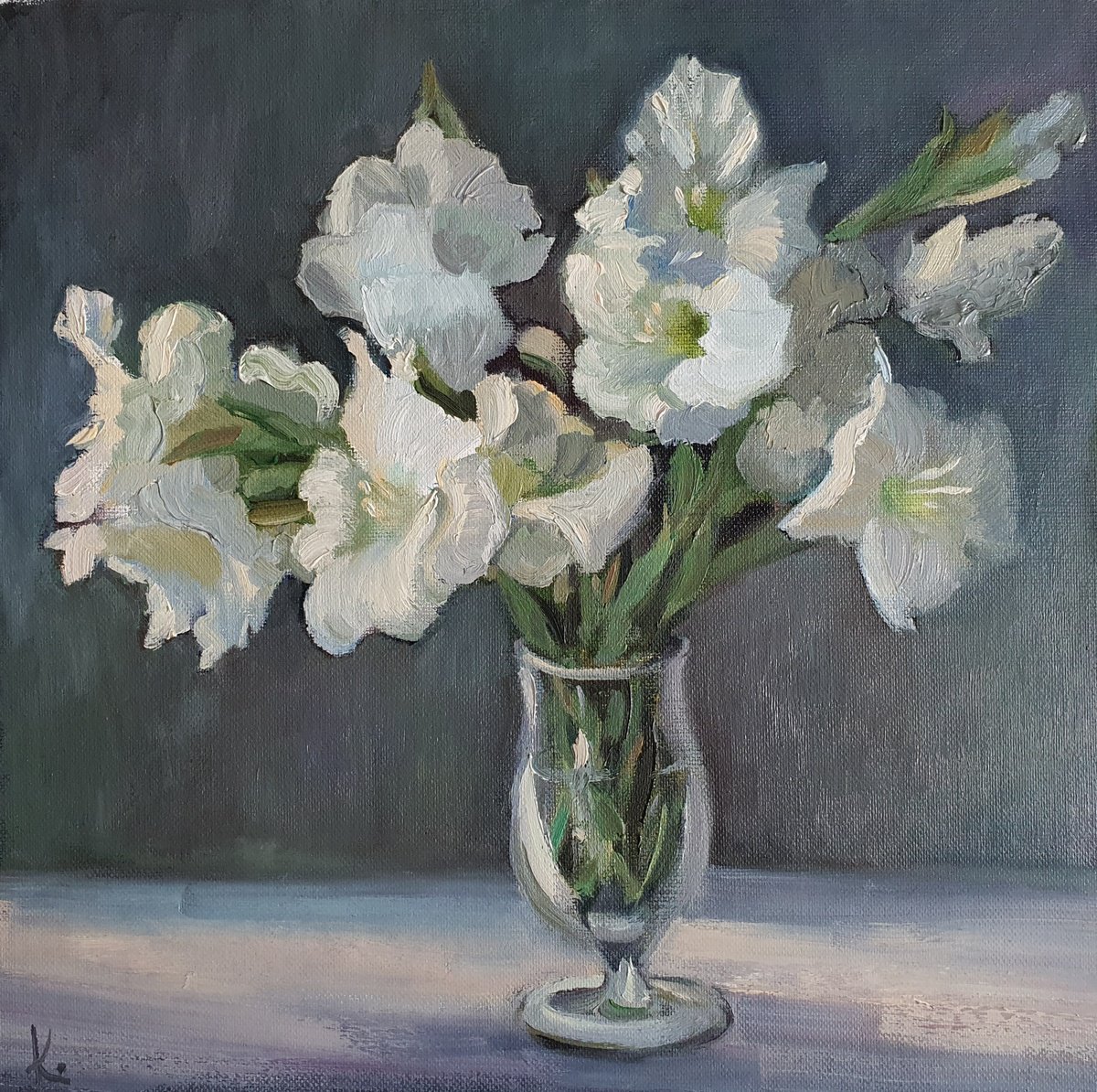 Impressionistic Botanical Oil Painting By Olena Kolotova, 16 X 16", Oil Painting "Gladioluses", Original Artwork