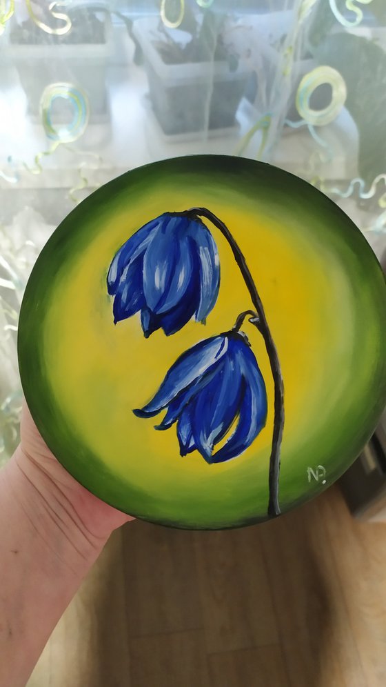 Blue flowers, original floral oil painting on wooden plate, small gift idea