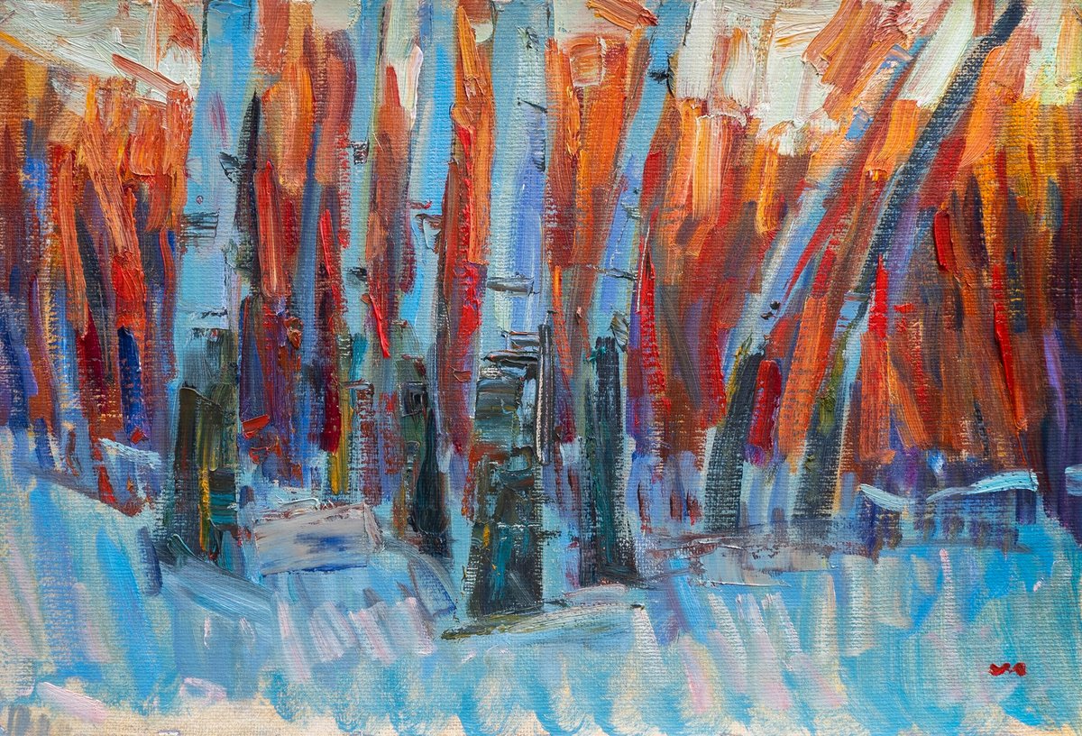 Expressive Landscape Oil Painting By Vasyl Moldavchuk, 24 X 16", Winter Birches, Original Artwork