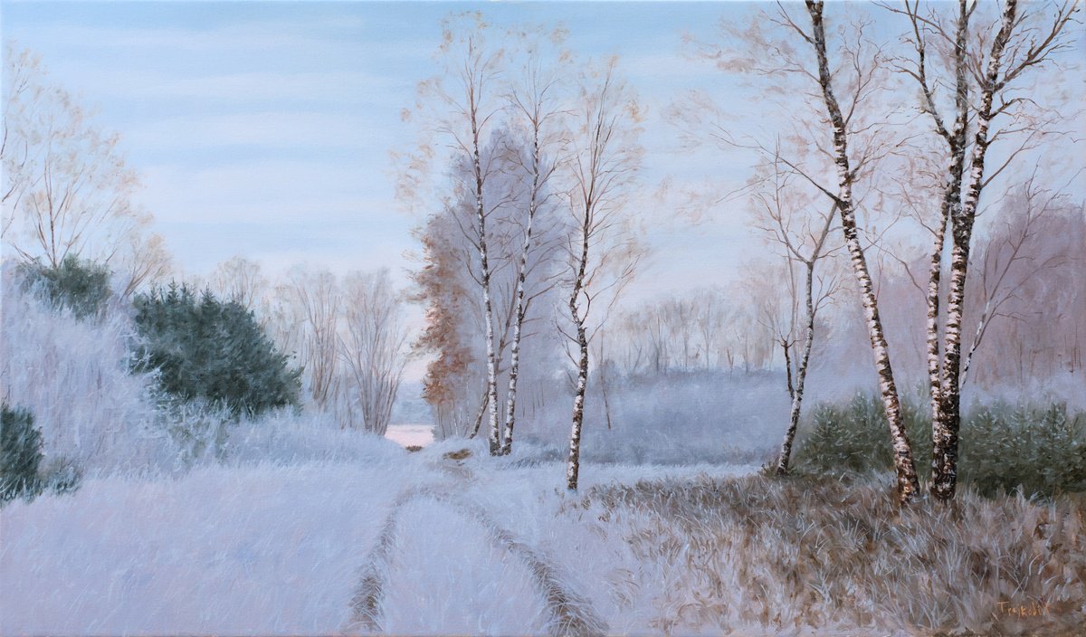 Impressionistic Landscape Oil Painting By Dejan Trajkovic, 47 X 28, Winter On Heath, Original Artwork