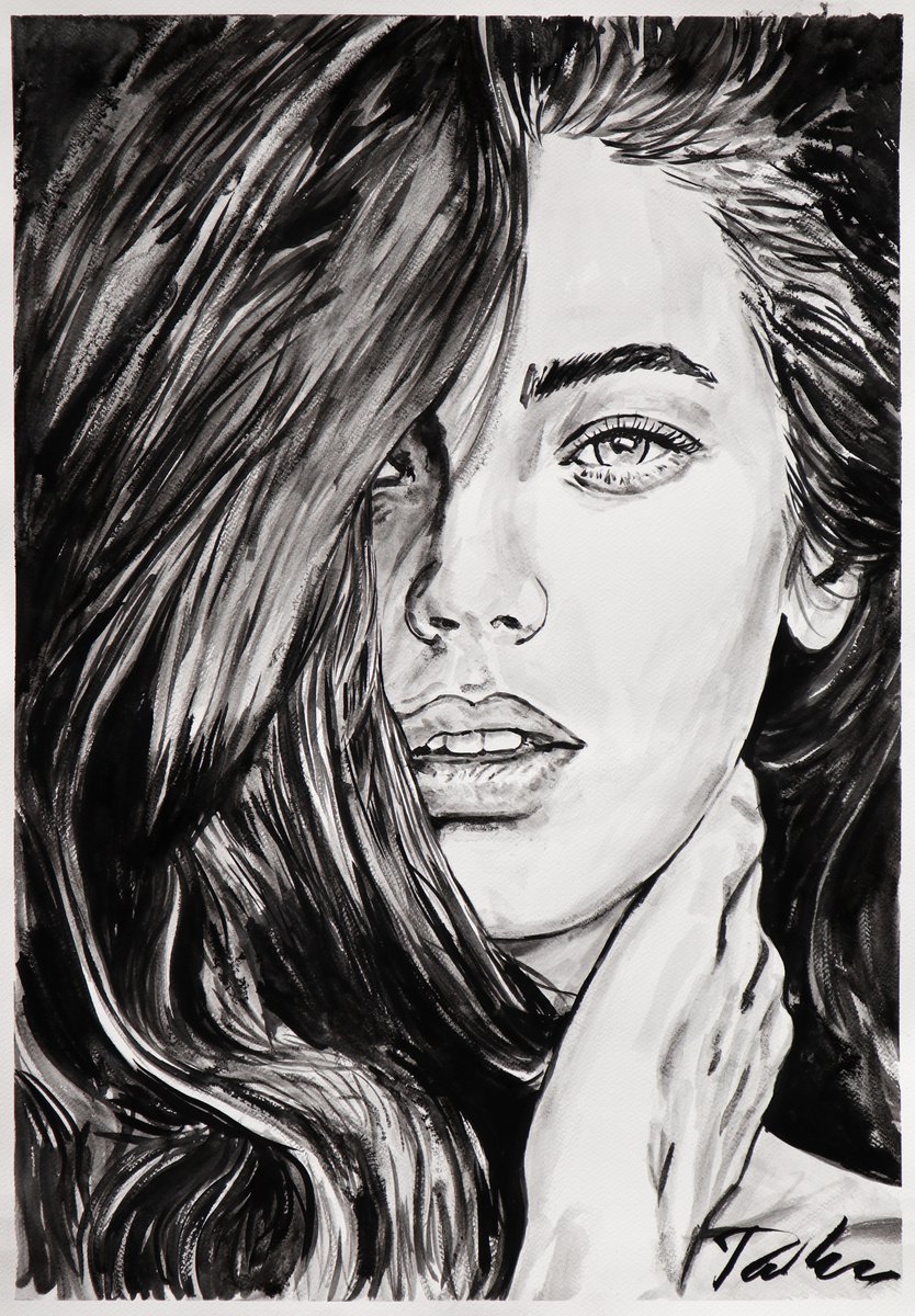Urban And Pop Portrait Ink Drawing By Tashe, 21 X 30", "The Only One" / 52,5X75Cm, Original Artwork