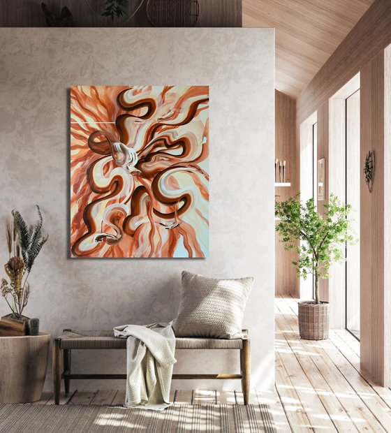 Swirls. White brown ribbons large Abstract Art.