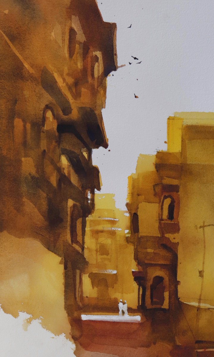 Impressionistic Cityscapes Watercolour By Prashant Prabhu, 15 X 22", Jaisalmer Yellow Morning, Original Artwork