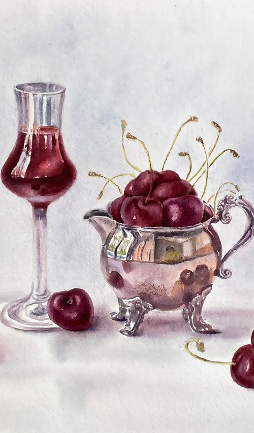 Cherries liqueur, original watercolour by Natalia Butenko
