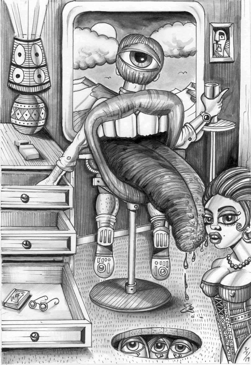 Surrealistic Portrait Pencil Drawing By Spencer John Derry, 8 X 12", The Collector, Original Artwork