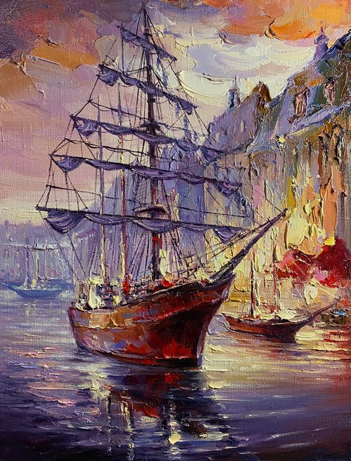 "Morning Harbour"original oil painting by Artem Grunyka