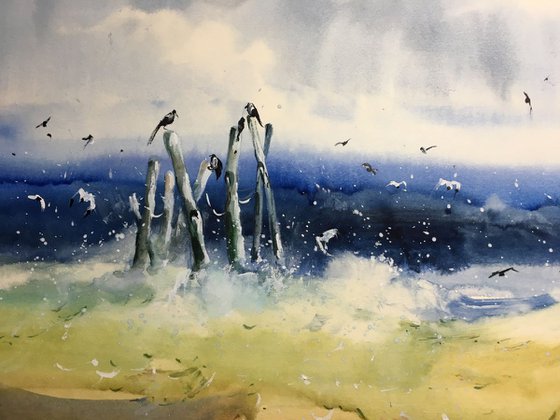SOLD Watercolor "Seagulls meeting”