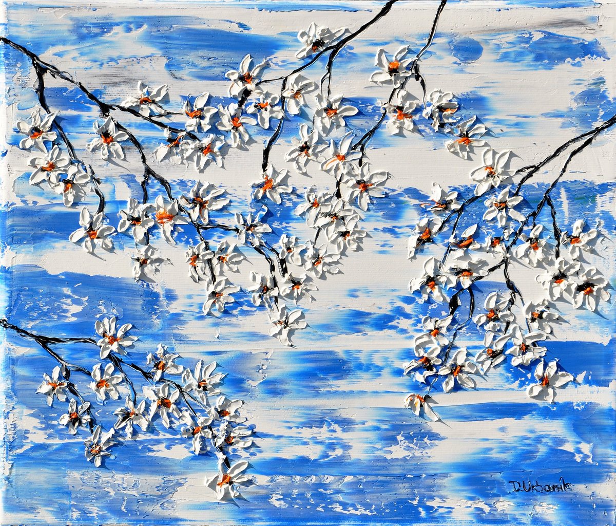 Impressionistic Botanical Oil Painting By Daniel Urbani?k, 14 X 12, Flowering Cherries 5, Original Artwork