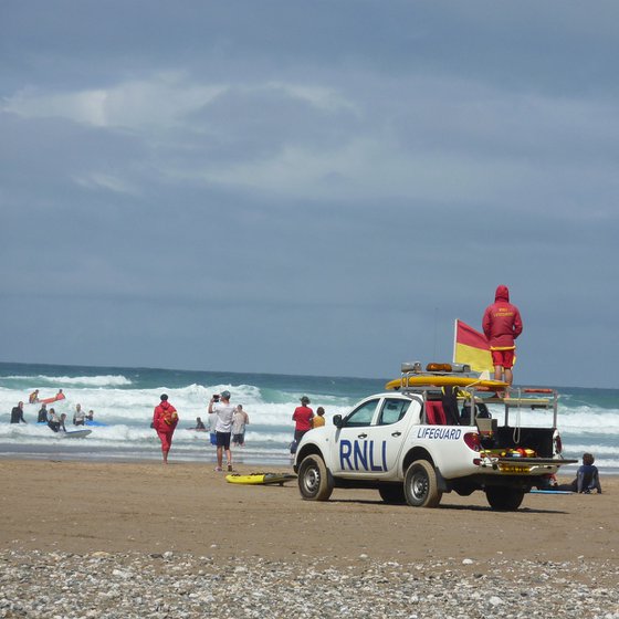 Lifeguard duty on the beach at Porthtowan, Cornwall