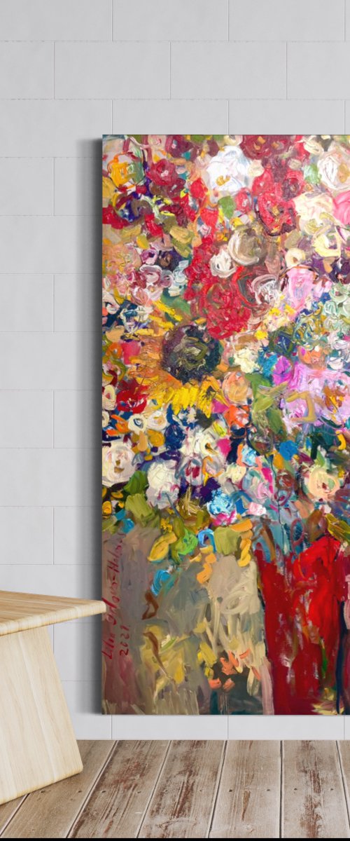 Red vase with summer flowers by Lilia Orlova-Holmes