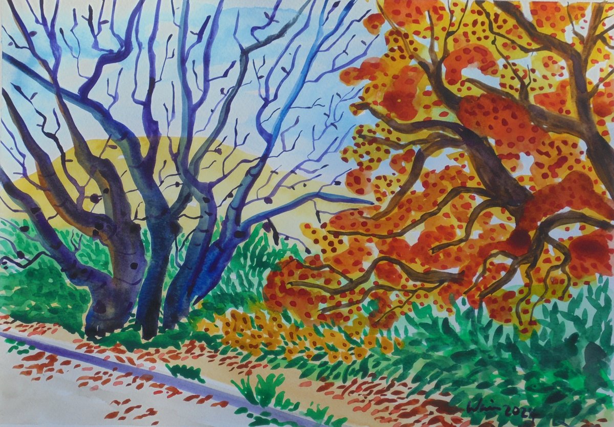 Impressionistic Landscape Watercolour By Kirsty Wain, 17 X 12", Mimosas In Spring, Original Artwork