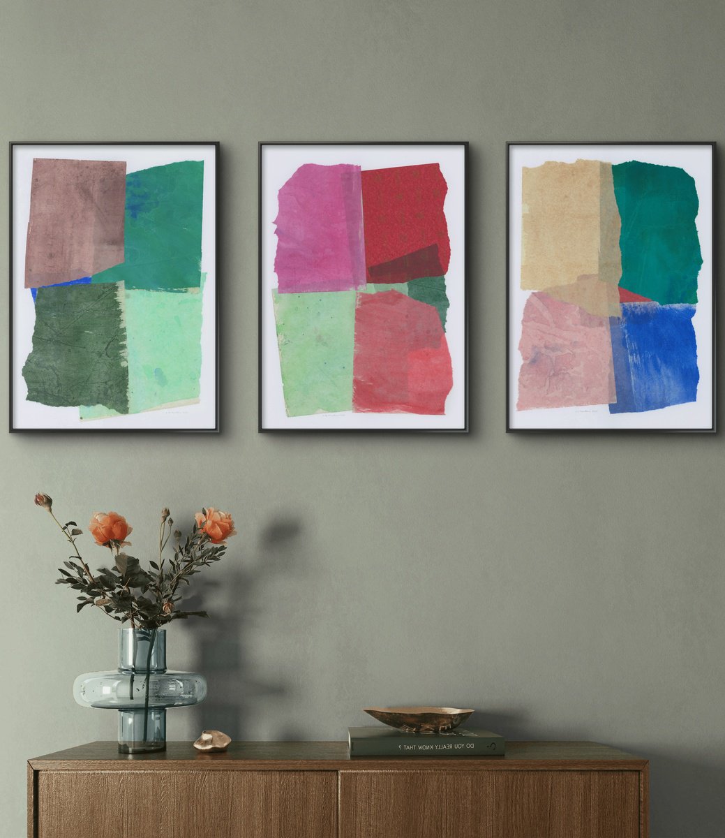 Geometric Abstract Collage By Gabriel Prundeanu, 38 X 18, Set Of 3 Abstract Collages, Original Artwork