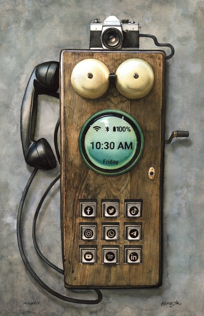 Photorealistic Still Life Watercolour By Reme Jr., 15 X 22", Non-Mobile Smart Phone Based On Analog Devices, Original Artwork