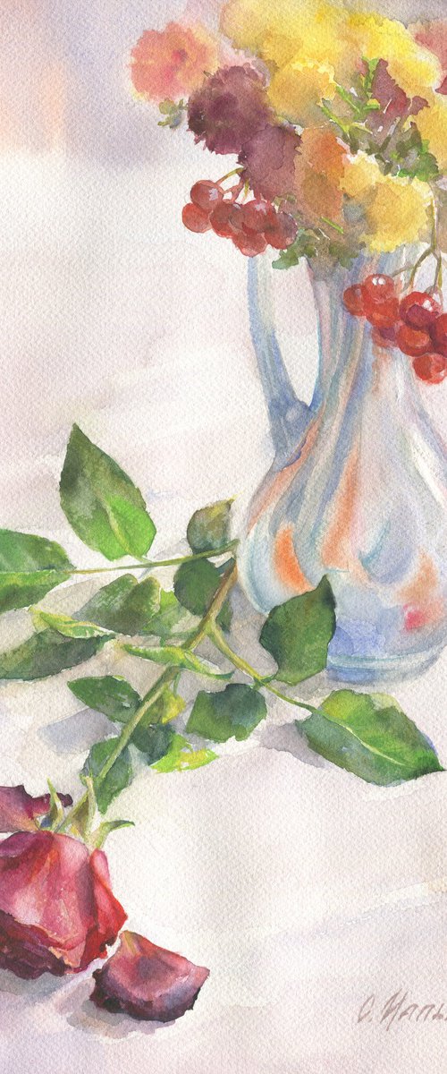Last chords. Red / ORIGINAL watercolor ~11x15in (28x37,5cm). Autumn bouquet. Rose by Olha Malko