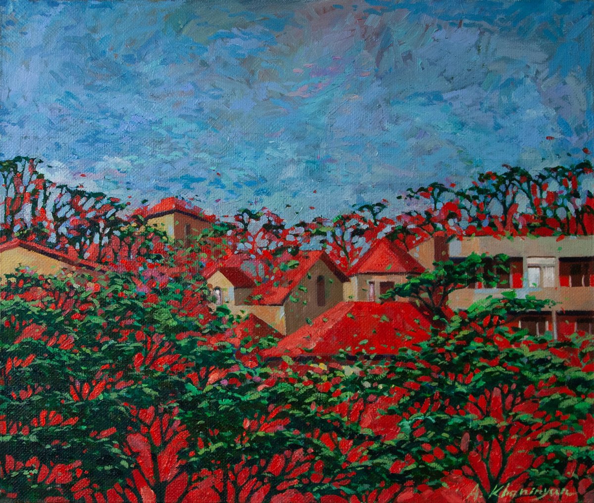 Impressionistic Cityscapes Oil Painting By Anna Khaninyan, 24 X 20, Red Roofs, Original Artwork