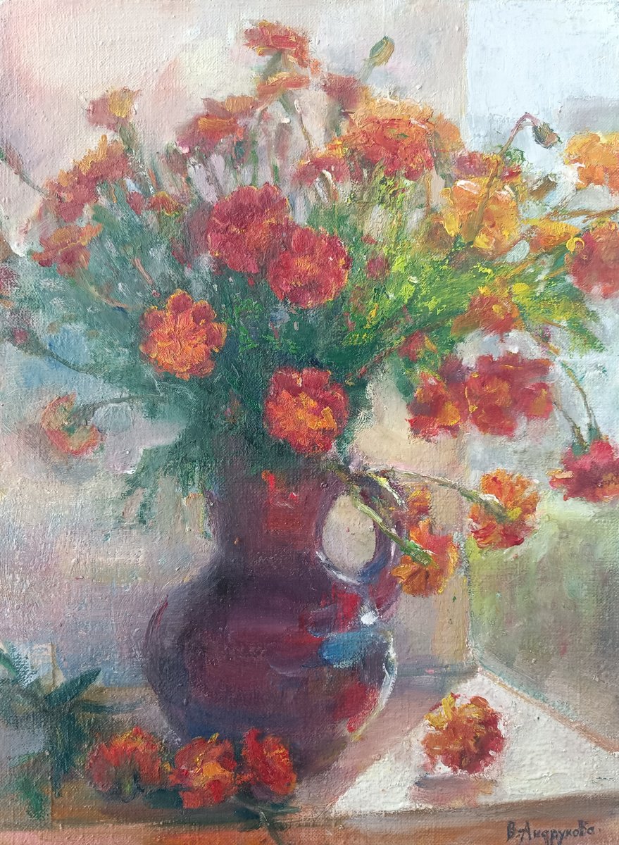 Impressionistic Still Life Oil Painting By Valentina Andrukhova, 12 X 16", Marigolds In A Vase, Original Artwork