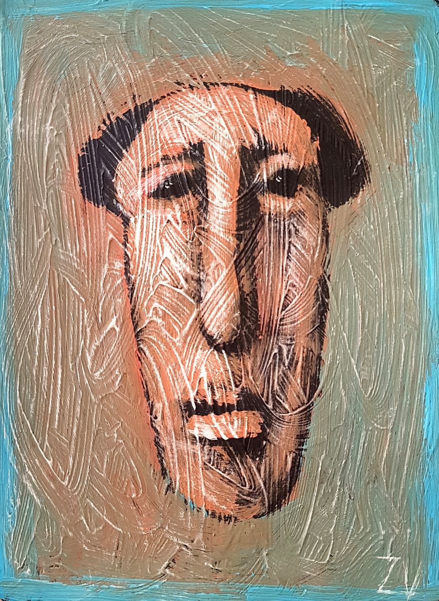 Naive Portrait Acrylic Painting By Zhana Viel, 7 X 9", Murky Horizon, Original Artwork