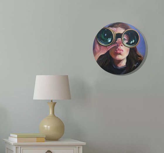 Portrait of a girl with binoculars. Interior female portrait, love for the sea.