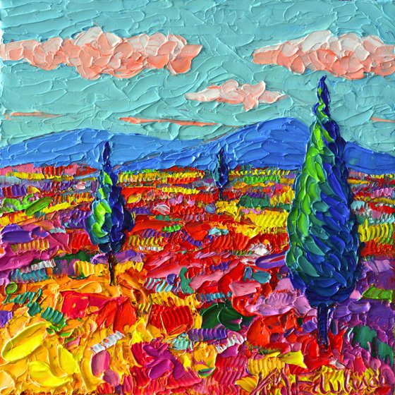 COLOURFUL WILDFLOWERS FIELD - abstract landscape modern impressionist floral miniature palette knife oil painting