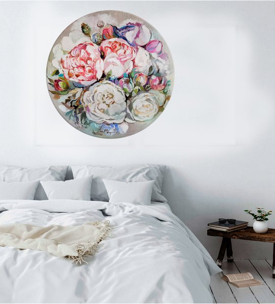 Peonies flowers painting on round canvas, Textural white floral painting