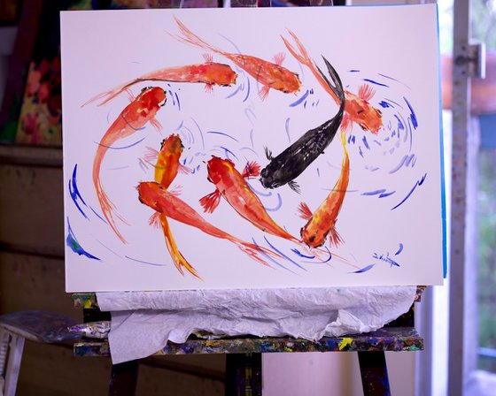 Feng Shui Koi wall art, 9 Koi fish Watercolour by Suren Nersisyan ...