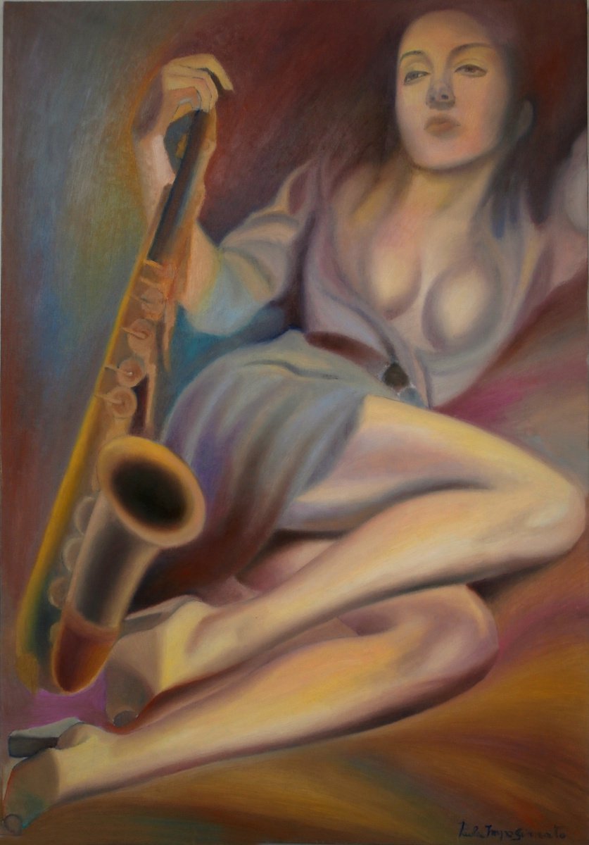 Expressive Portrait Oil Painting By Paola Imposimato, 28 X 39", Sax Appeal, Original Artwork