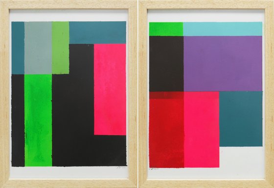 Diptych - Art on Paper - Incl Frame - Cubistic Modern Pink - 26A