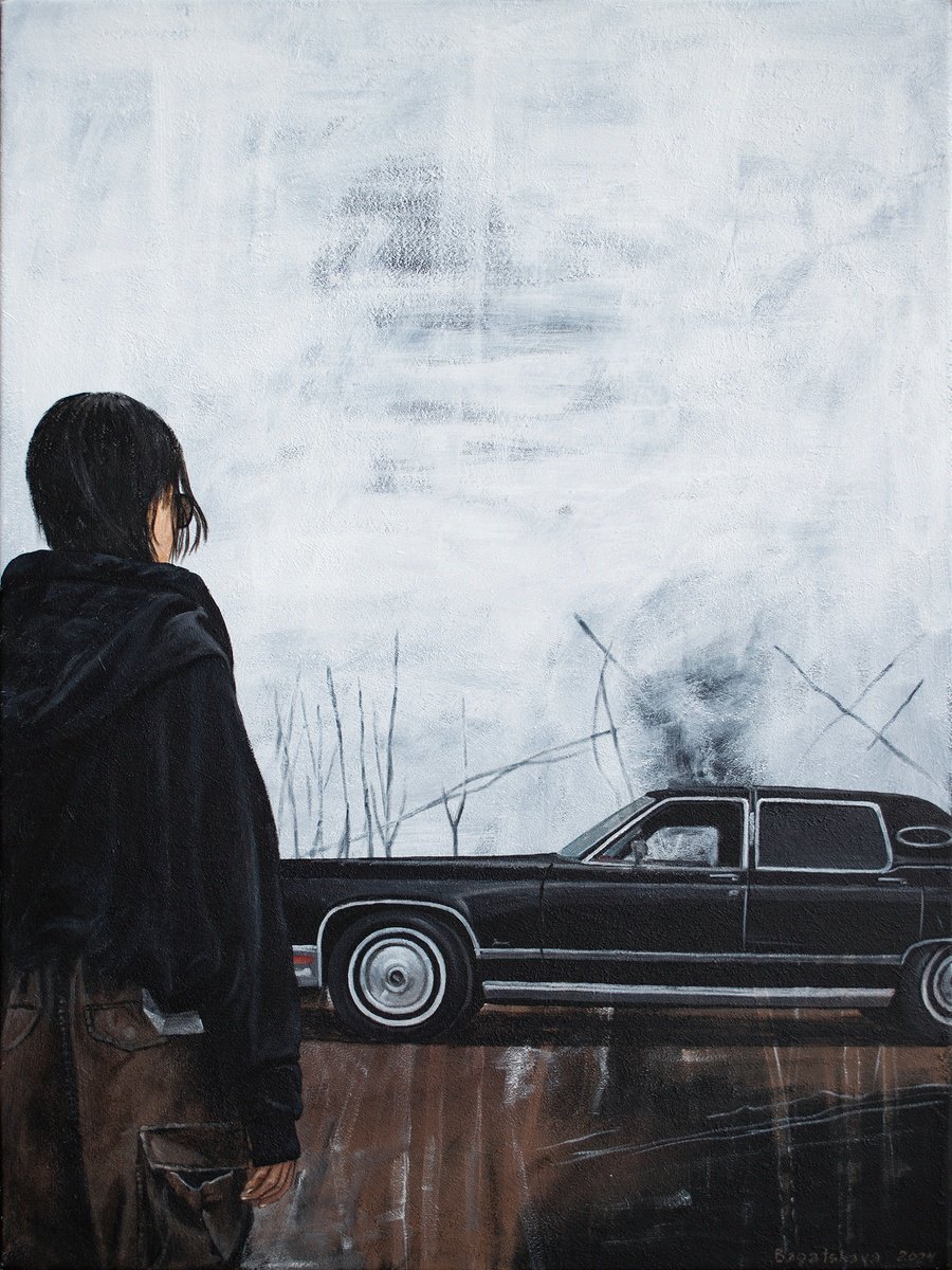 Photorealistic Portrait Acrylic Painting By Nataliya Bagatskaya, 24 X 31", Echoes Of The Unseen Road, Original Artwork