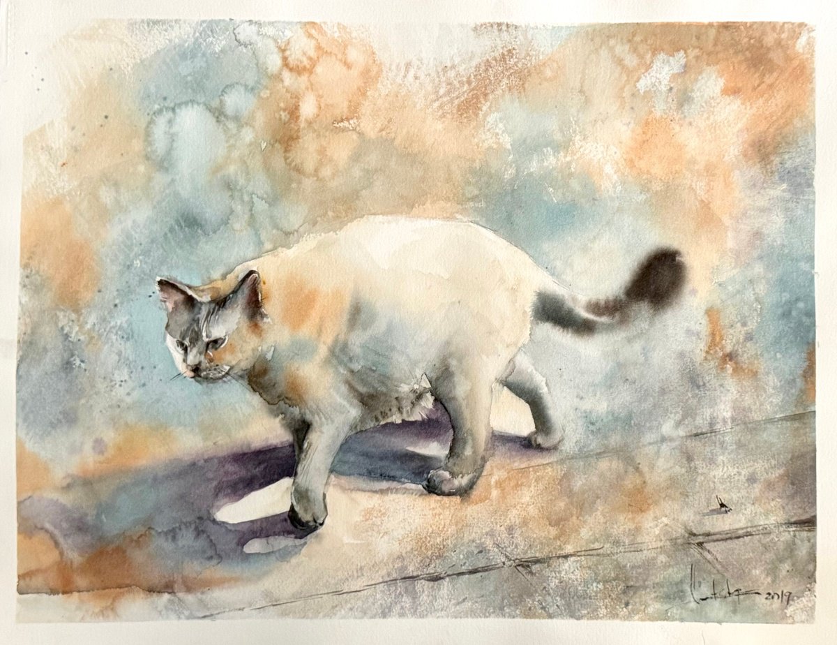 Impressionistic Animal Watercolour By Sophie Rodionov, 21 X 16", Cat And A Bug, Original Artwork
