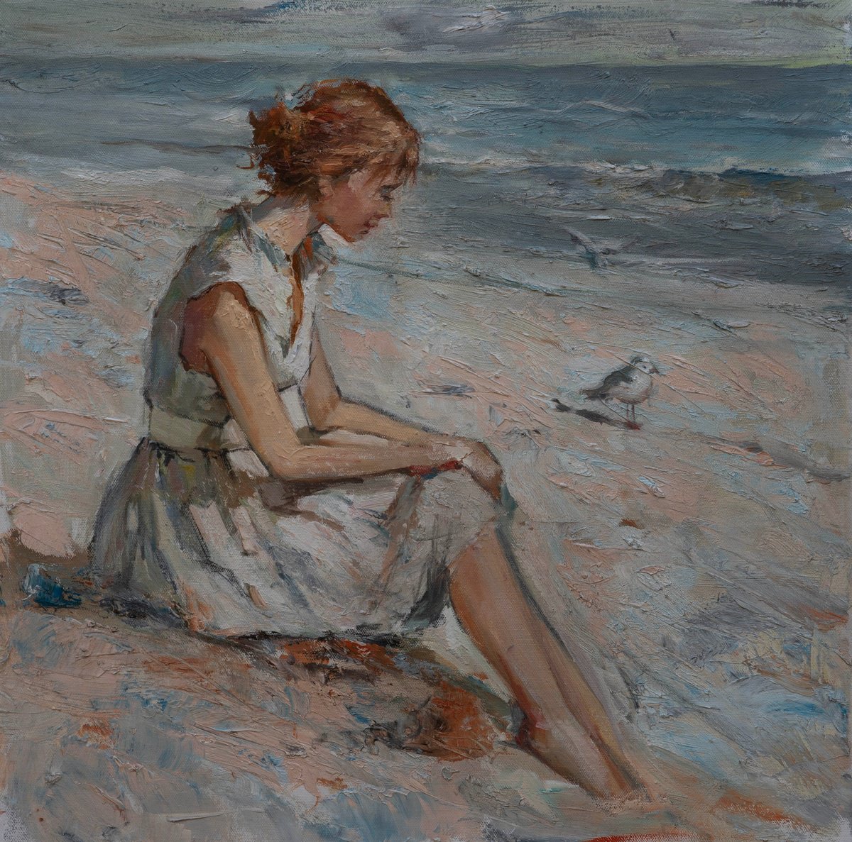 Impressionistic Portrait Oil Painting By Sergei Yatsenko, 20 X 20", Whispers Of The Shore, Original Artwork