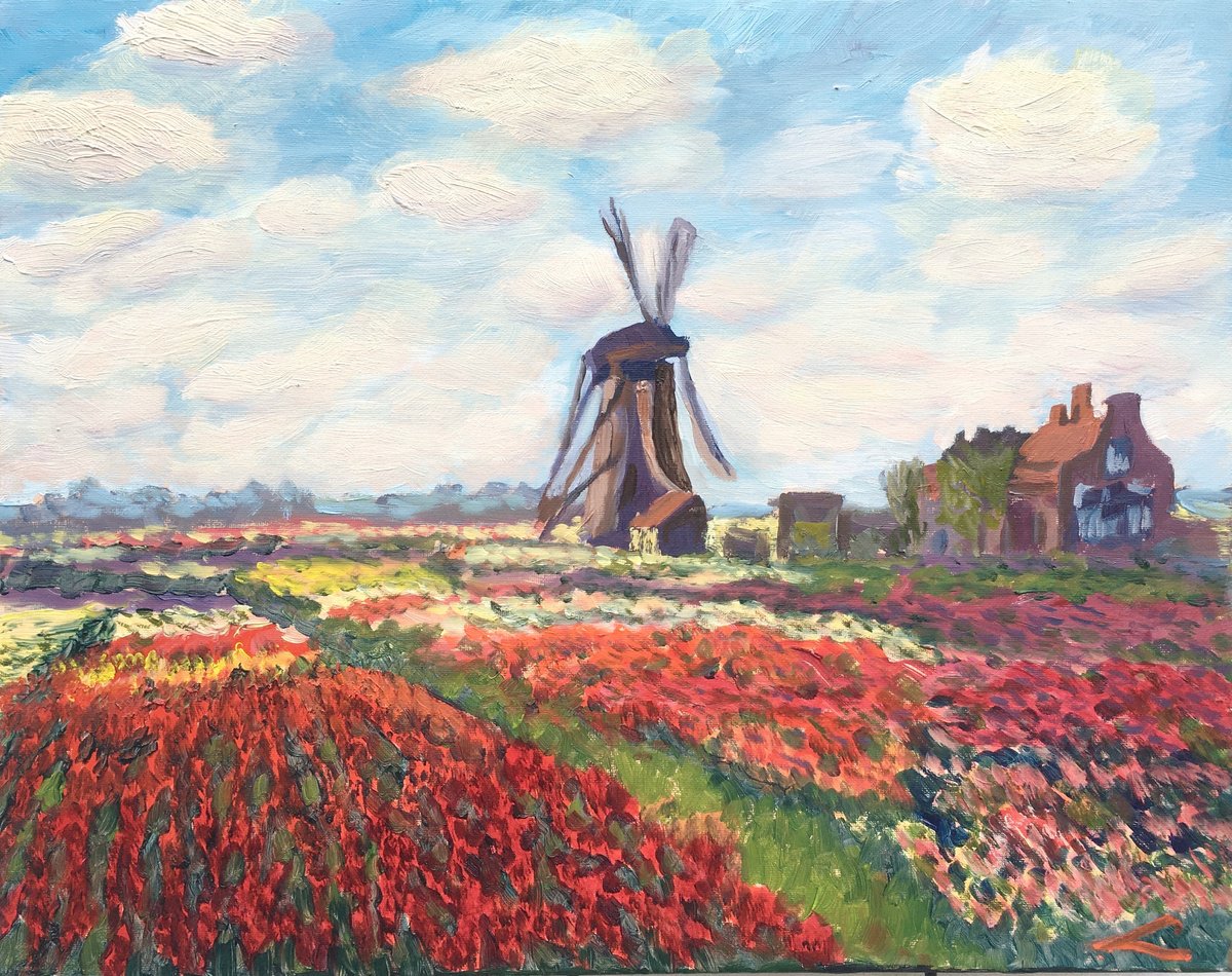 Tulip Fields With A Windmill By Elena Sokolova, 20 X 16, Artwork For Sale On Artfinder