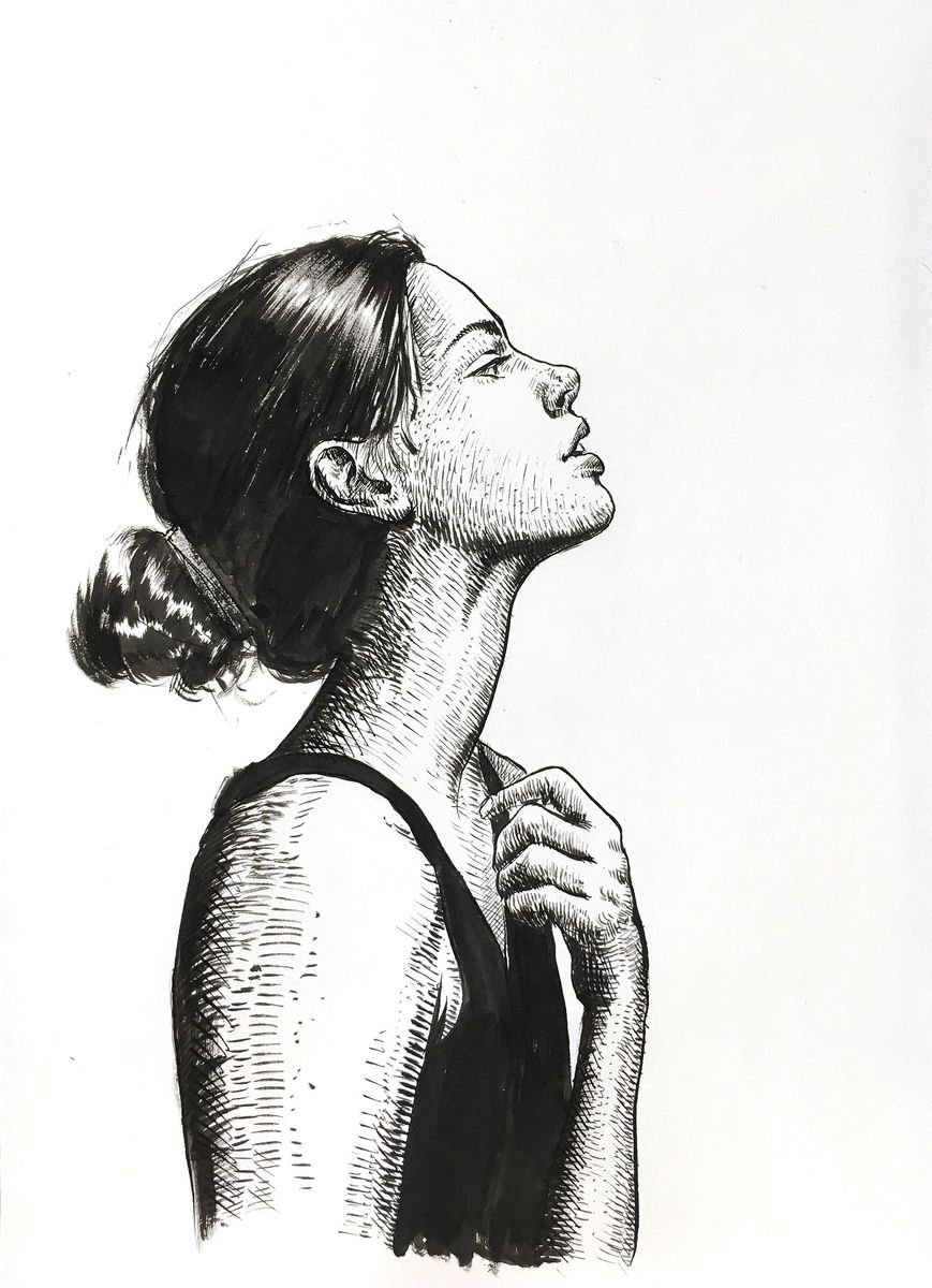 Expressive Portrait Ink Drawing By Dario Moschetta, 8 X 11, Portrait 298, Original Artwork