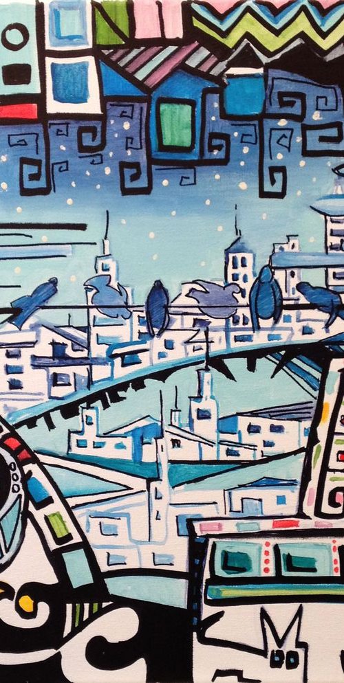 Bird on a cable- original acrylic painting-46 x 38 cm (18' x 15') by Carlo Toma