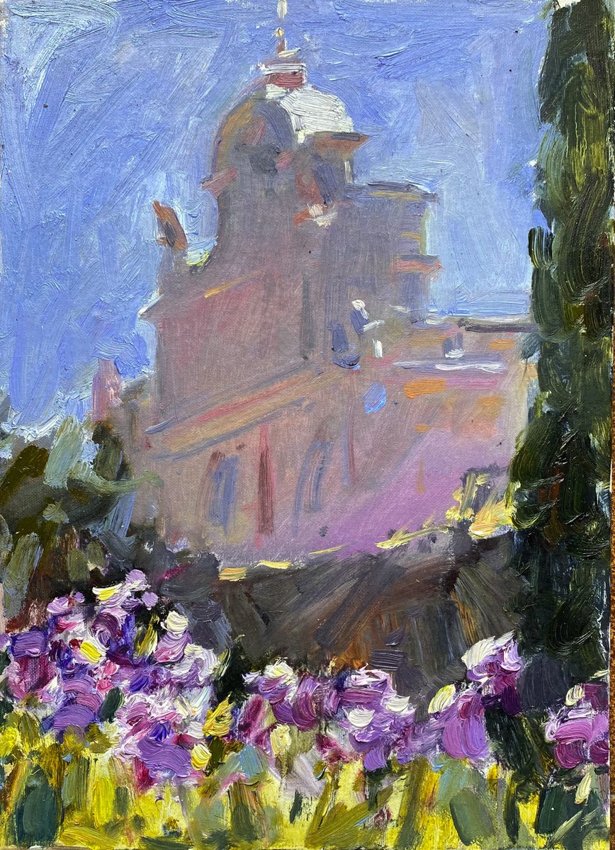 Impressionistic Cityscapes Oil Painting By Nataliia Nosyk, 10 X 14", Irises In Botanical Garden, Original Artwork