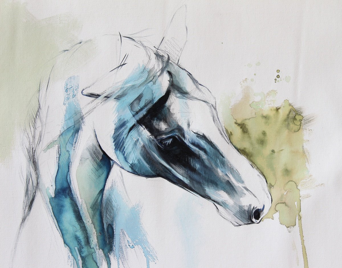 Expressive Animal Painting By Marie Madej, 18 X 14", Teal Horse, Original Artwork