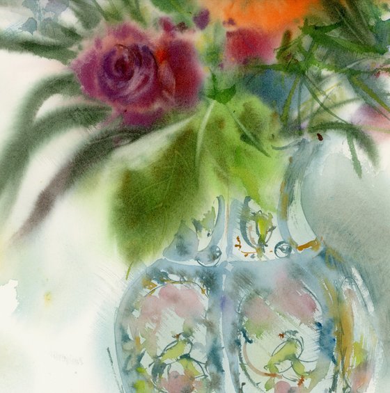 Bright bouquet in a Chinese vase.
