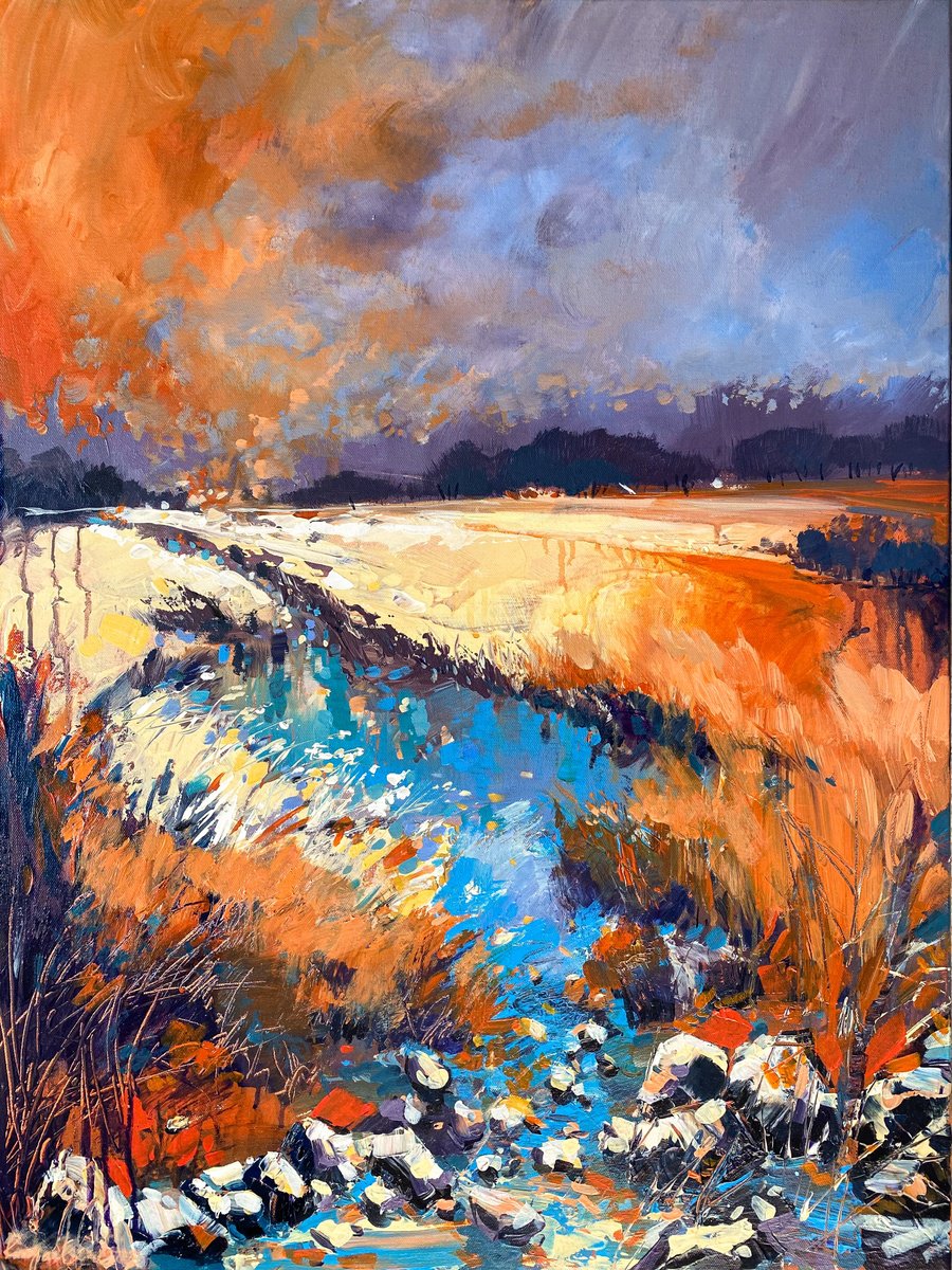 Impressionistic Landscape Acrylic Painting By Irina Rumyantseva, 24 X 31, Autumn Landscape - Amber Fields, Original Artwork