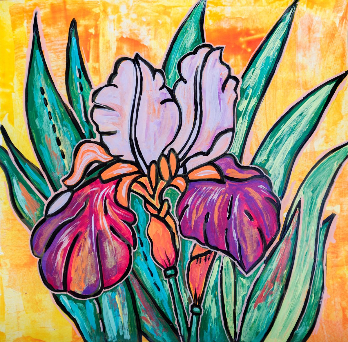 Illustrative Botanical Acrylic Painting By Ariadna De Raadt, 12 X 12, Floral Card, Iris 18, Original Artwork