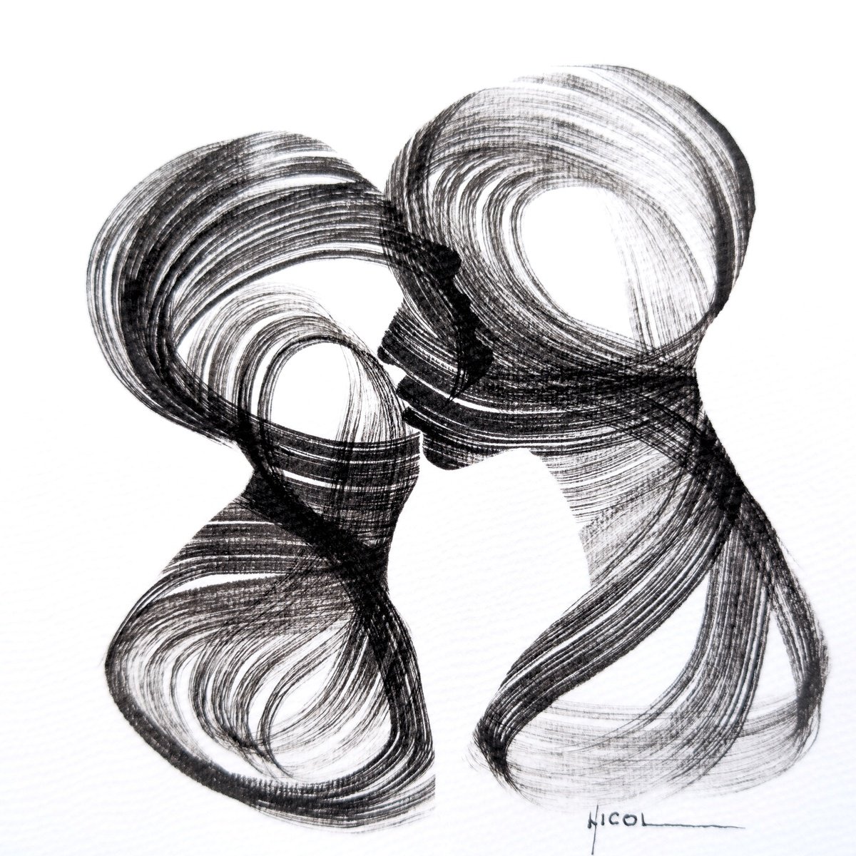 Expressive Portrait Ink Drawing By Nicol Vacaru, 8 X 8", Gravity Of Two, Original Artwork